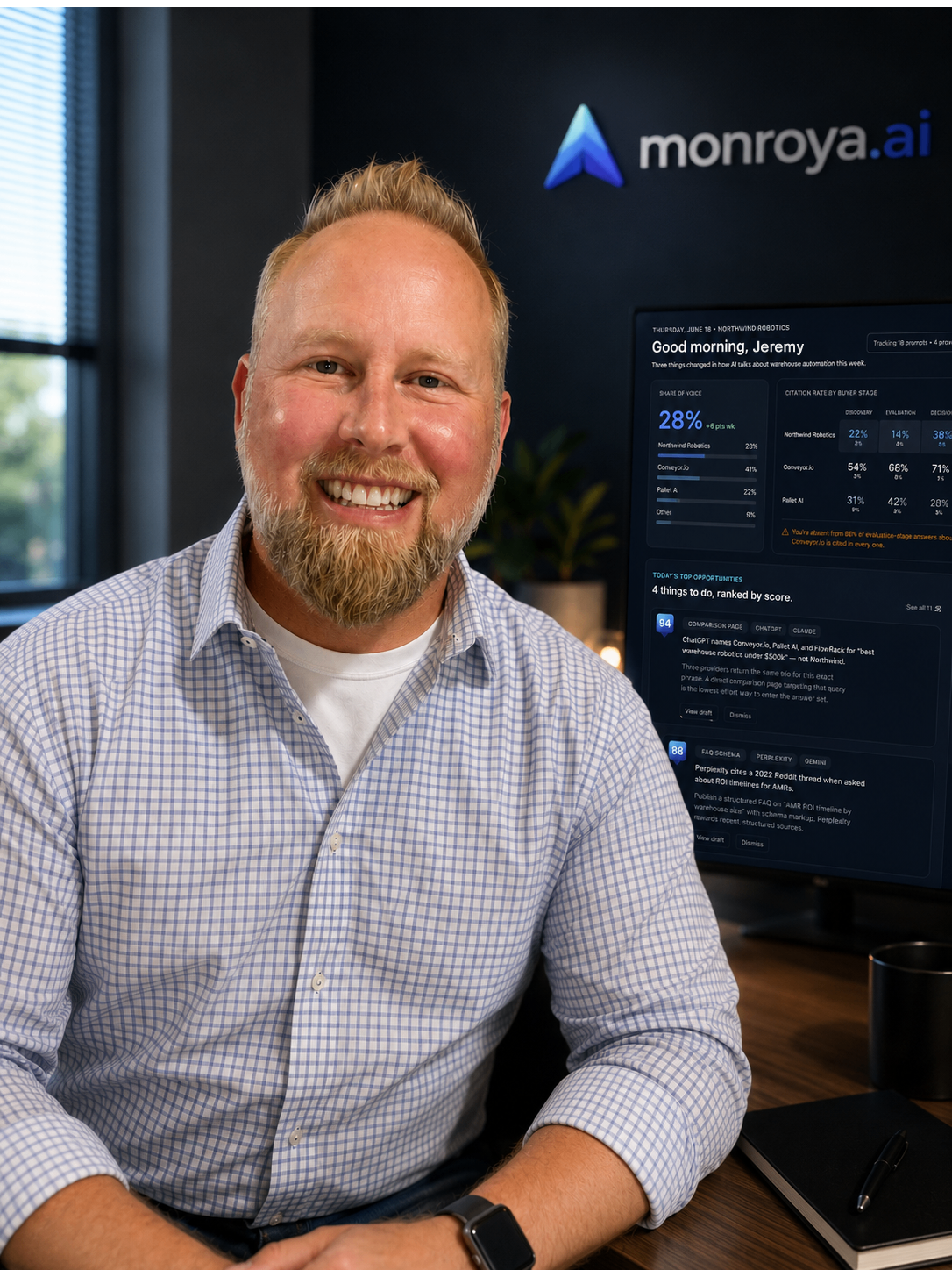 Jeremy Unruh, founder of Monroya, in front of the Monroya.ai dashboard